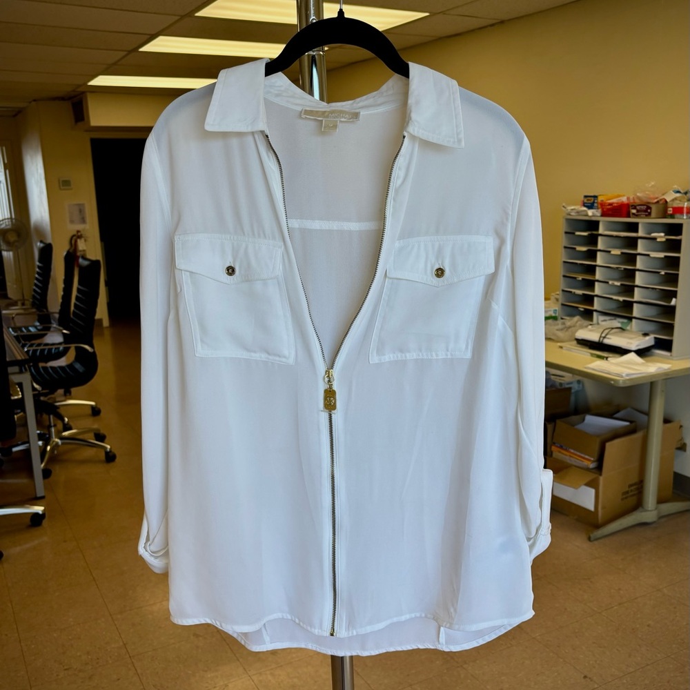 Women's Medium Michael Kors White Full-Zip Blouse